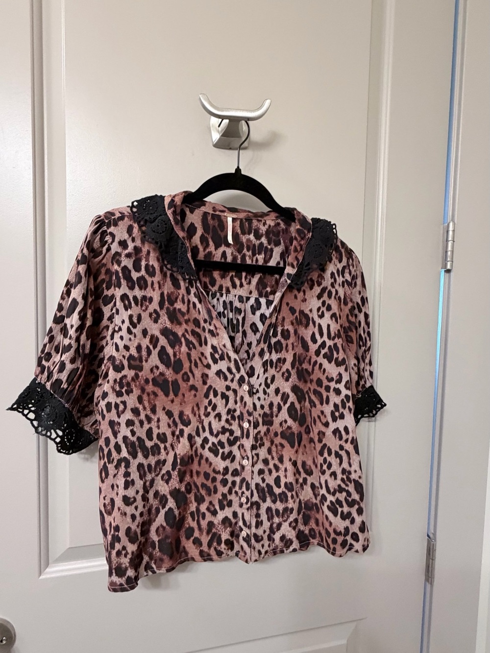 Free People Pink Leopard-Print Button Down with Black Lace Trim